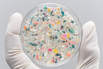 Microplastics in a Petri Dish: A gloved hand holds a petri dish containing a concentrated collection of microplastics.