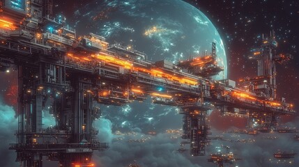 Massive space station orbiting a planet.  Complex, intricate structure, glowing with energy.  Floating amidst clouds and stars