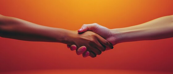 Two hands of different skin tones engage in handshake representing agreement, collaboration, cooperation.