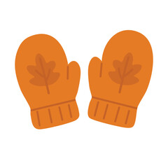 Cartoon flat orange mittens with fall leaf print. Cozy seasonal gloves for autumn and winter.