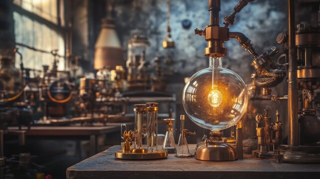 Industrial steampunk style interior with pipes, valves and amber glow