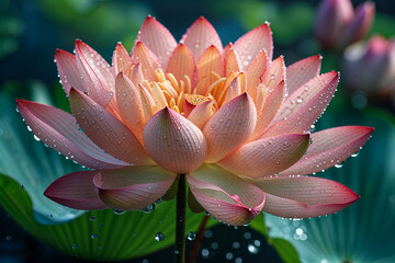 Close-Up Shot of a Delicate Vibrant Lotus Flower with Water Droplets on Dark Background