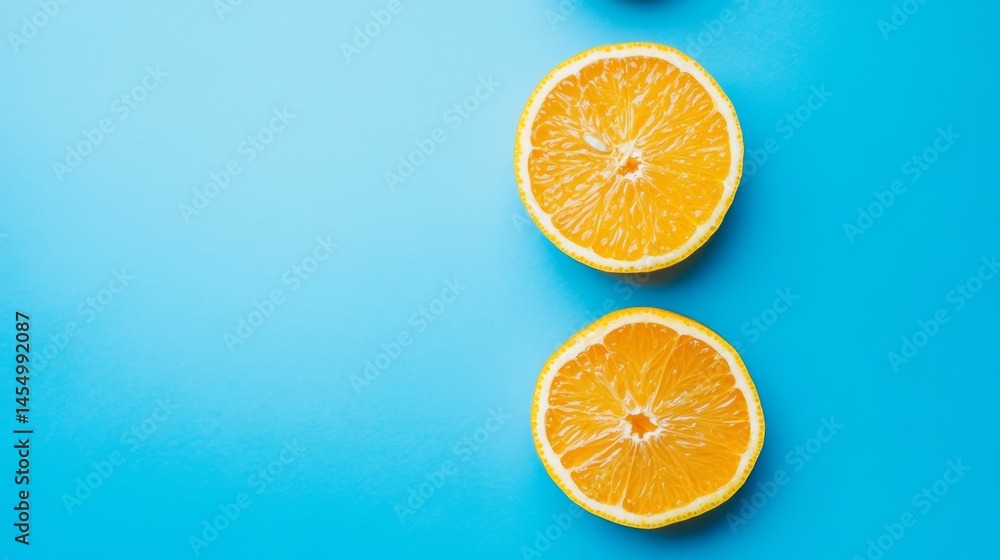 Poster minimal blue background with symmetrical cut oranges placed top view