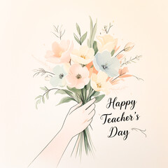 Naklejka premium Happy Teacher's Day hand drawn typography greeting card with flower, hearts, stars elements on white background.