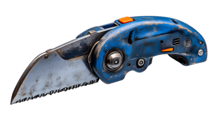 Closeup of a blue and silver serrated folding knife with a worn weathered look