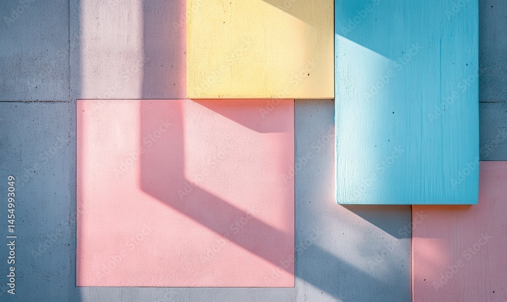 Poster minimalist abstract composition with geometric pastel shapes, clean lines and diffused light creatin