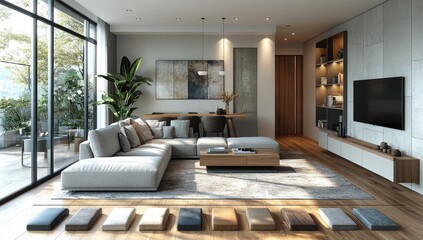Modern living room interior design showcasing neutral tones.