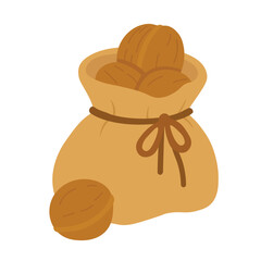 Cartoon flat sack with walnuts. Cozy harvest element for autumn food design and rustic scenes.