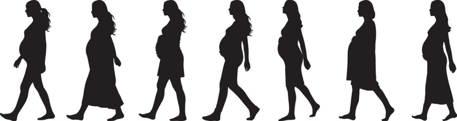 Pregnant Woman Silhouette Stages Walking Pregnancy Journey Motherhood Expectant