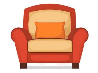 A cartoonish red and yellow chair with an orange pillow on it