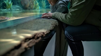 Father and young son watching stingrays in a large glass aquarium, observing marine life in a zoo or oceanarium, bonding time with family