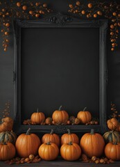 Elegant black chalkboard frame with meticulously arranged pumpkins, creating a symmetrical design ,  october,  still life,  harvest