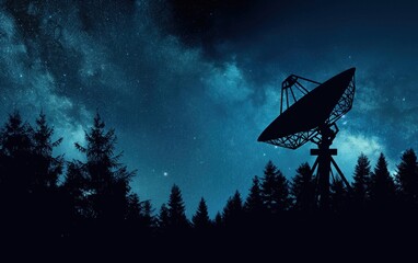 Radio dish pointed at night sky in forest. Astronomy and cosmic discovery theme.