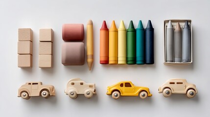 Obraz premium Elegant arrangement of wooden toys and crayons creating a captivating visual harmony