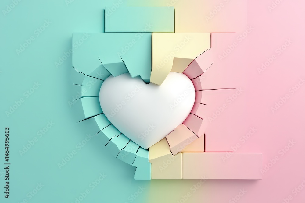 Poster charming heart design in soft pastels with cracked block elements