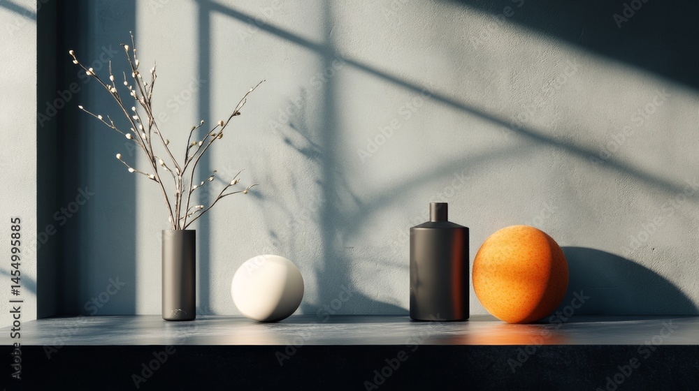 Poster minimal interior with shadow play and round decor objects