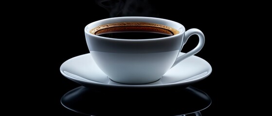 Steaming black coffee sits in pristine white cup atop reflective saucer against dark background evoking minimalist and elegant ambiance.