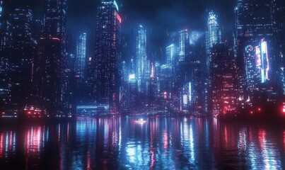 Obraz premium Captivating cityscape at night with towering skyscrapers and bright lights reflecting in the river below