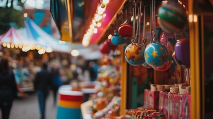 Colorful street market stall with toys and globes for kids