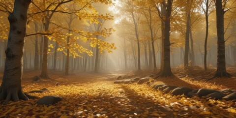 Golden leaves in dense deciduous forest, autumn light, trees, yellow
