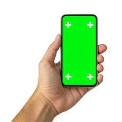 Hand Holding A Modern Smartphone With Blank Green Screen isolated on transparent background, PNG 