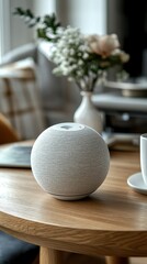 Modern, spherical speaker on a wooden table in a cozy living room