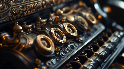 Close-up view of ornate antique typewriter keys with bokeh