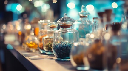 Glass apothecary jars on a shelf glowing under blue lighting