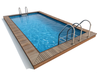 A rectangular swimming pool with blue water and wooden decking and metal ladders on a black background