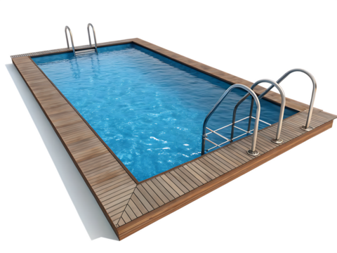 A rectangular swimming pool with blue water and wooden decking and metal ladders on a black background