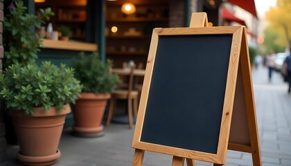 wooden chalkboard sign on an easel in front of a cafe or restaurant, with outdoor seating and potted plants visible in the background created with generative ai