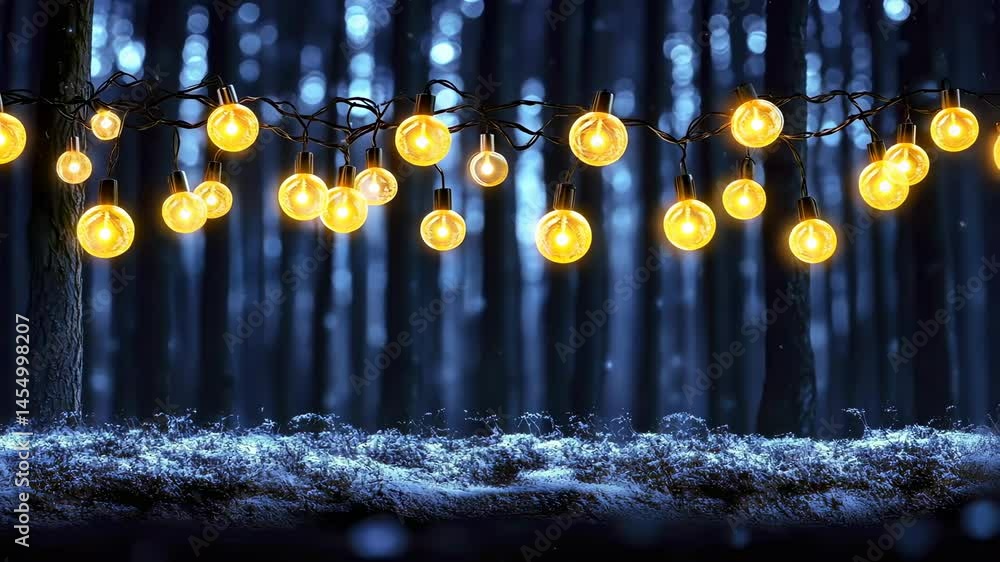 Poster glowing string lights illuminating a snowy forest backdrop