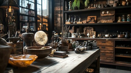Fototapeta premium Antique shop interior with pottery and historical artifacts