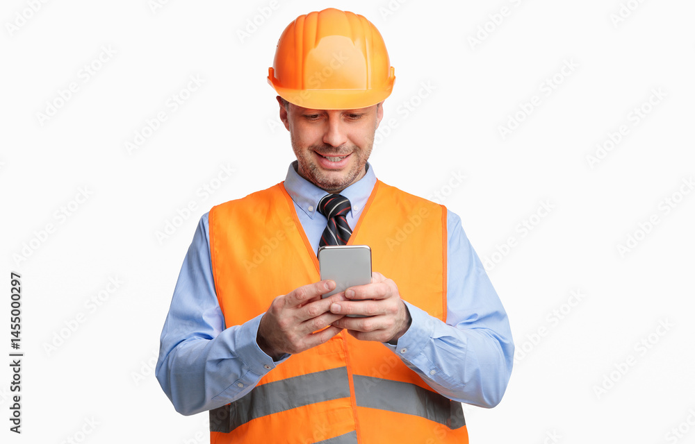 Poster Construction Worker Using Smartphone Application Standing On White Studio Background. Mobile App Concept