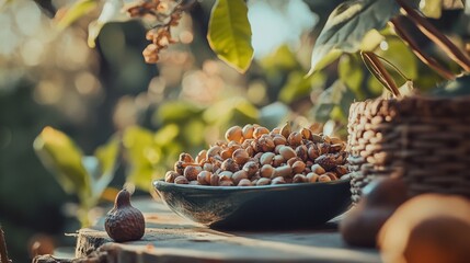 Basket of hazelnuts on blue napkin outdoors in sunny garden