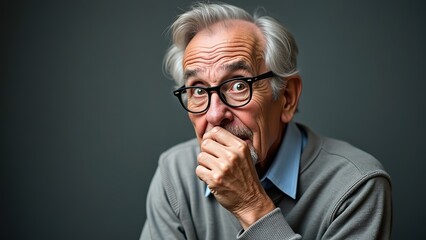 Obraz premium An elderly man with gray hair and glasses, hand near his mouth, showing a thoughtful or slightly anxious expression against a dark background, suitable for themes of aging, emotions, contemplation, 