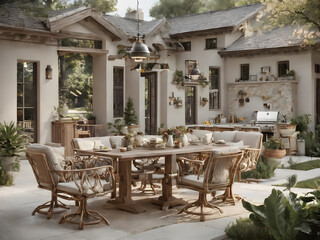 Fototapeta premium Cozy Outdoor Dining Area with Rustic Wooden Furniture and Lush Greenery