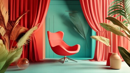 Bright interior scene with red chair and dramatic curtain shadows
