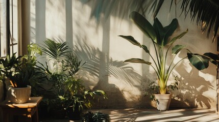 Obraz premium Sunlight casting shadows on indoor tropical houseplants by wall