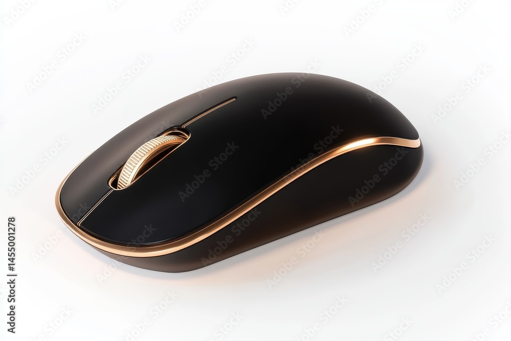 Poster a sleek computer mouse with gold trim on a white background