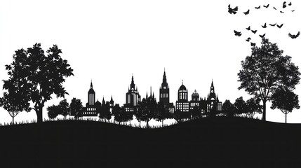 Fototapeta premium Cityscape silhouette with trees and birds
