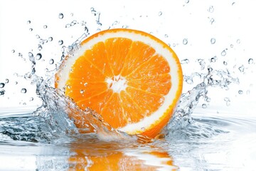 Orange slice with water splashing around it on white surface