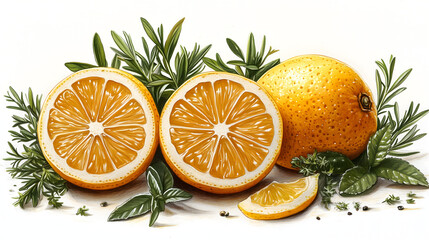 Fresh orange slices with herbs and spices on a rustic wooden background