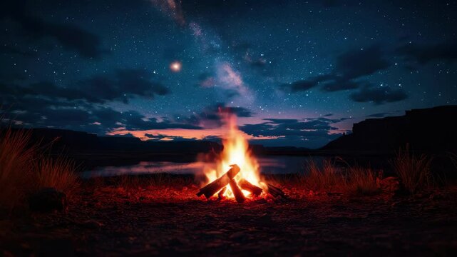 A fire is burning in a pile of wood in front of a lake. The sky is dark and cloudy, with a few stars visible. The scene is peaceful and serene, with the fire providing warmth