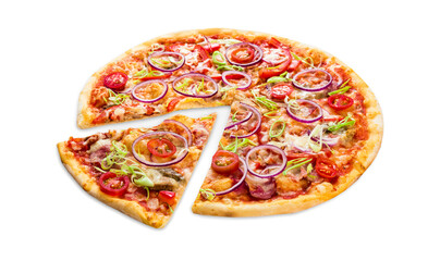 Pizza slice isolated on white background, with onions, bacon and cherry tomatoes, thin pastry crust, closeup