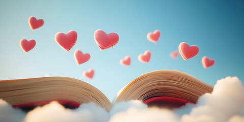 HeartShaped Balloons Floating Above Open Book in Clouds