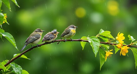 Fototapeta premium Bird Family on Branch in Rain