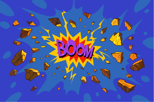 Pieces of rock flew apart from explosion. Boom comic book art vector illustration
