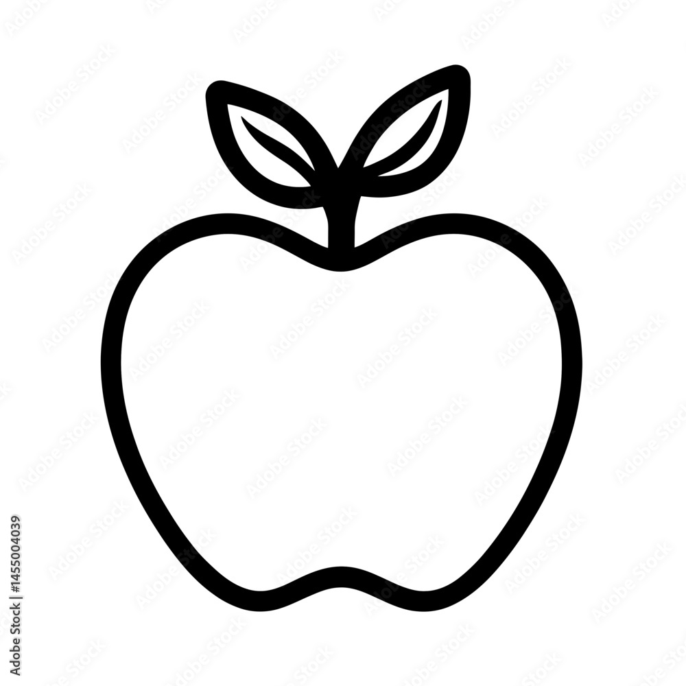 Poster minimalist apple icon design featuring a single line representation with a leaf on top, perfect for 