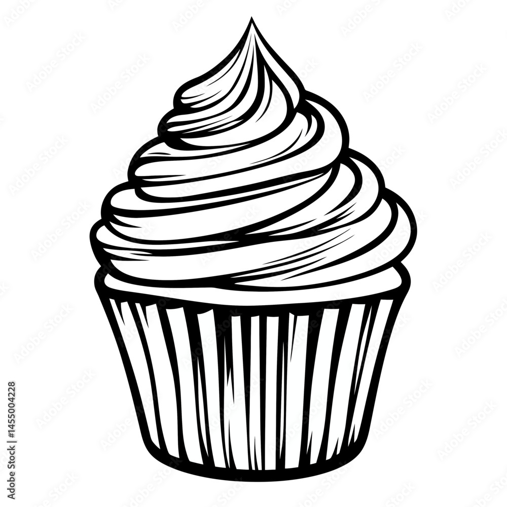 Poster minimalist 2d cupcake icon featuring elegant single line art with swirl frosting design suitable for